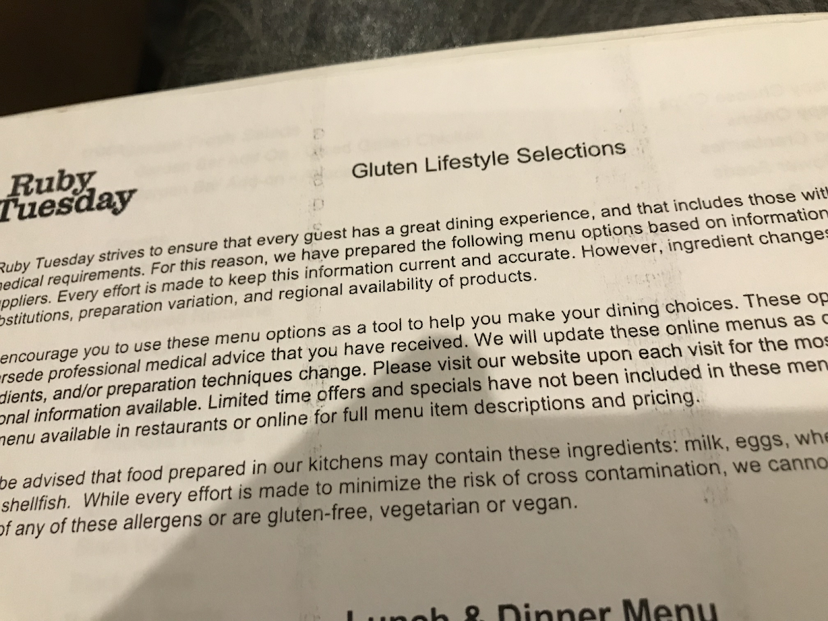 A year-old allergy menu from August 2017 in November 2018, referencing “gluten lifestyle”...
