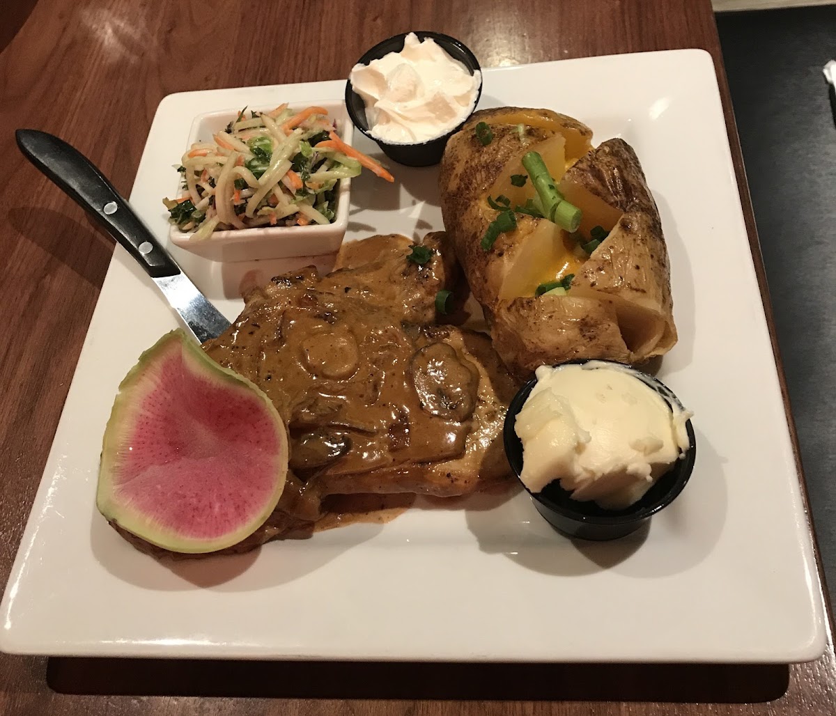 Bourbon chicken, loaded potato, coleslaw