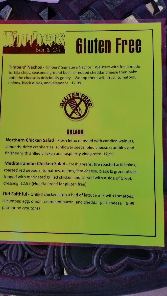 Timbers Bar & Grill gluten-free menu