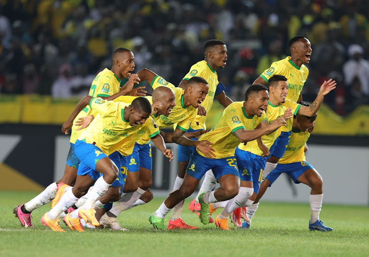 Mamelodi Sundowns celebrate winning penalty to beat Young Africans 3-2 during their Champions League quarterfinal at Loftus on Friday.