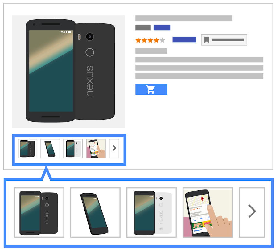 Abbildung einer Produktanzeige für ein Nexus-Smartphone mit Bewertung, Beschreibung, "Kaufen"-Schaltfläche und einer Karussellansicht weiterer Artikel.