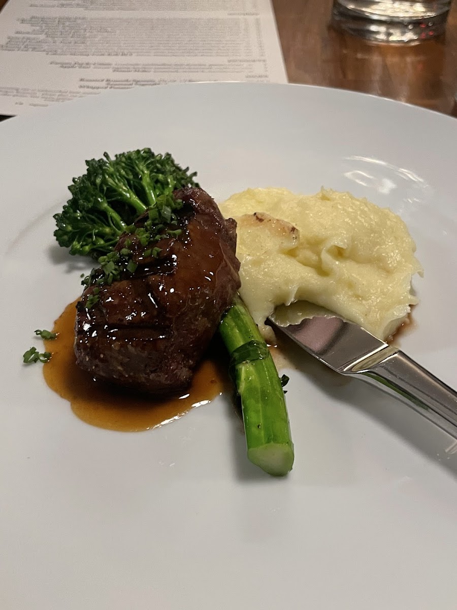 Filet with broccolini and mashed potatoes