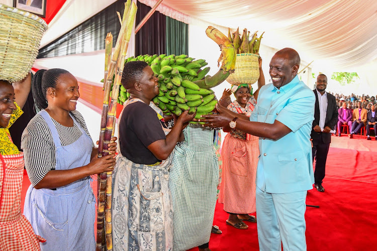 President William Ruto receives banana from a Kakamega resident on August 30, 2023.