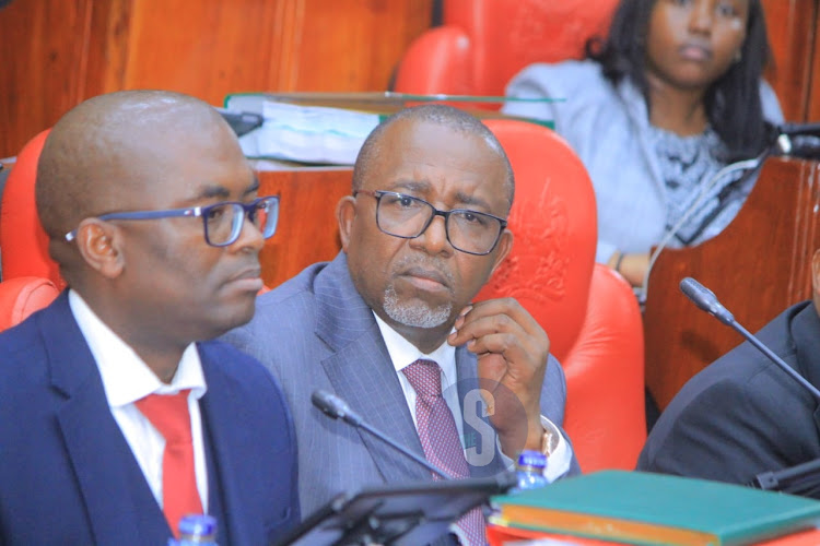 Agriculture Cabinet Secretary Mithika Linturi and his lawyer Muthomi Thiankolu before the Select Committee on the Proposed Dismissal of Cabinet Secretary for Agriculture and Livestock.