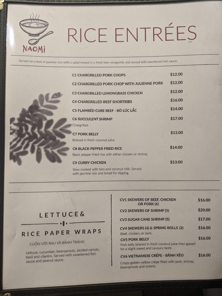 Naomi Vietnamese Restaurant gluten-free menu