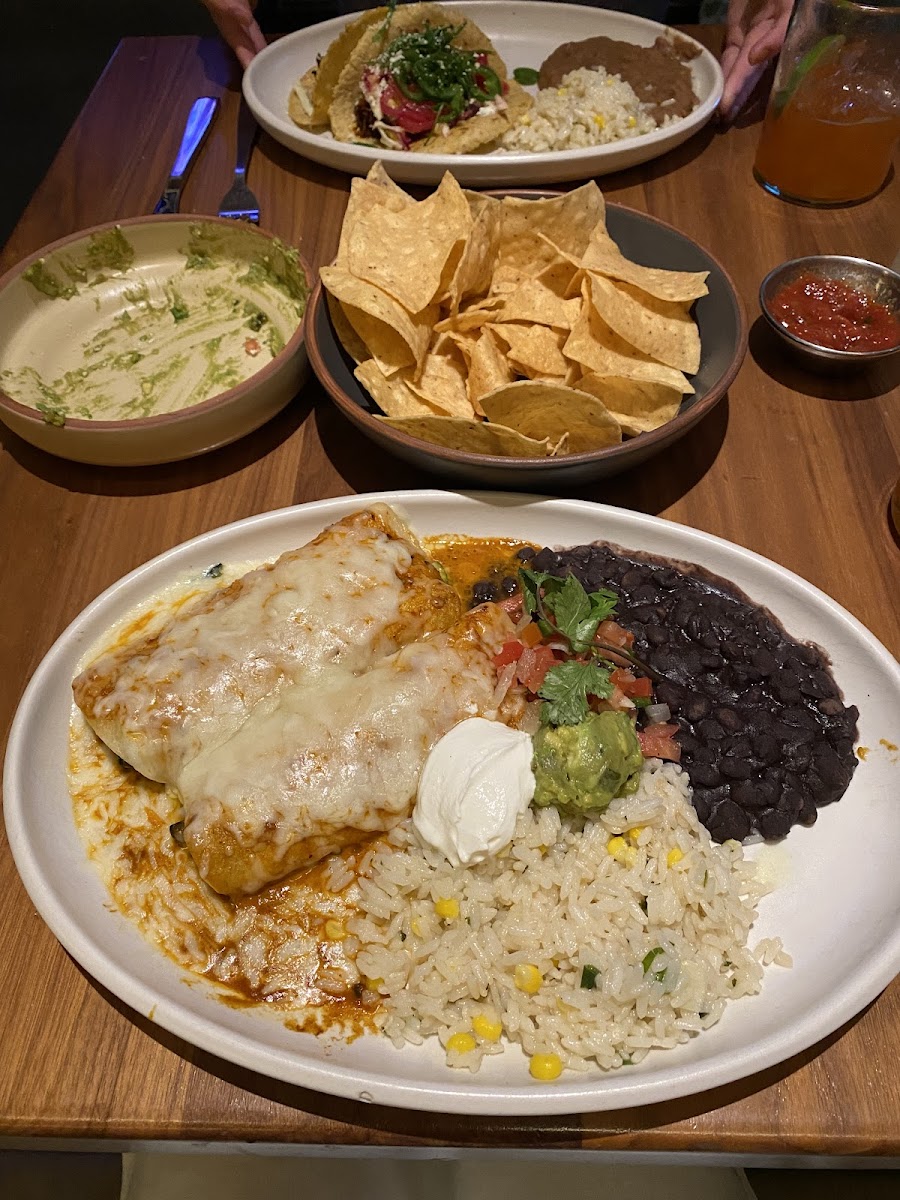 Enchiladas with black beans and rice.