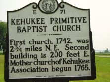First church, 1742, was 2 3/4 miles N.E. Second building is 200 feet E. Mother church of Kehukee Association begun 1765.Plaque via North Carolina Highway Historical Marker Program, and is used...