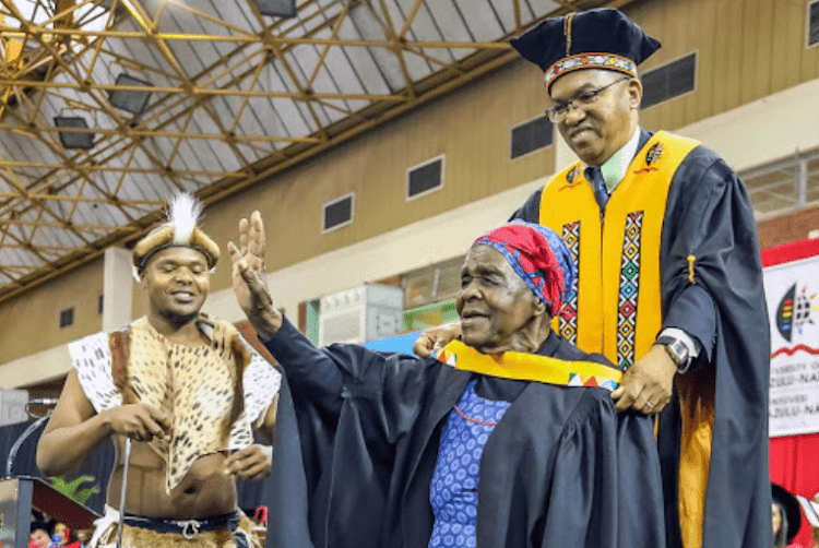 Njabulo Ntombela, 27, surprises his great-grandmother Nomkikilizo Ntombela, 89, by honouring her with his law degree.