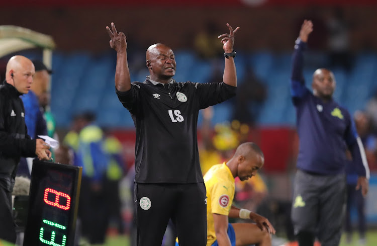 Bloemfontein Celtic coach Lehlohonolo Seema reacts during their match against Mamelodi Sundowns.