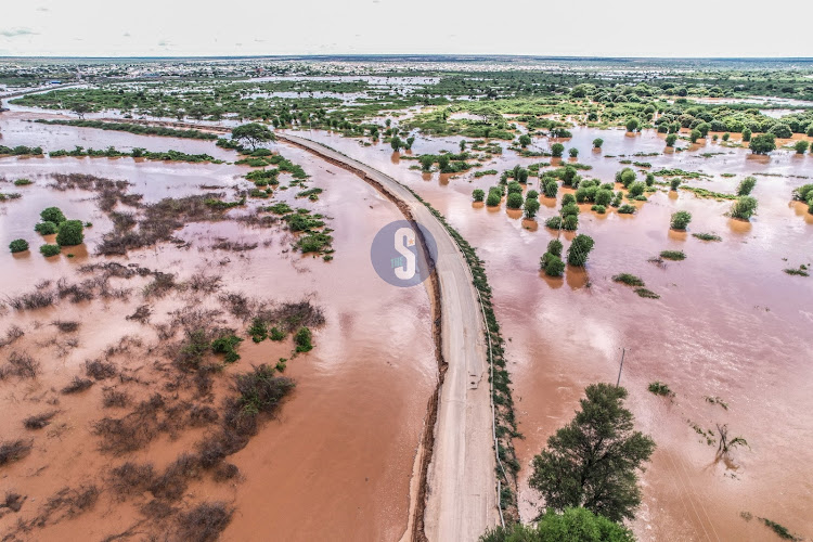 A section of Madogo-Garissa road is flooded after River Tana burst its banks, displacing hundreds of residents within the area on April 27, 2024.