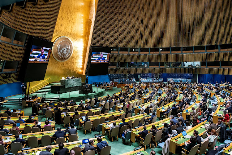 Israeli ambassador to the UN Gilad Erdan speaks to delegates during the United Nations General Assembly.