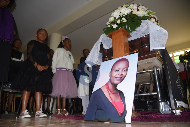 A memorial portrait of NTV journalist Rita Tinina at Umash Funeral Home in Nakuru ahead of her burial in Narok on March 27, 2024
