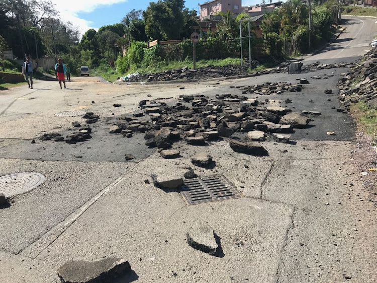 One of the roads that were damaged during a protest in Puntans Hill, Durban, on September 10 2018.