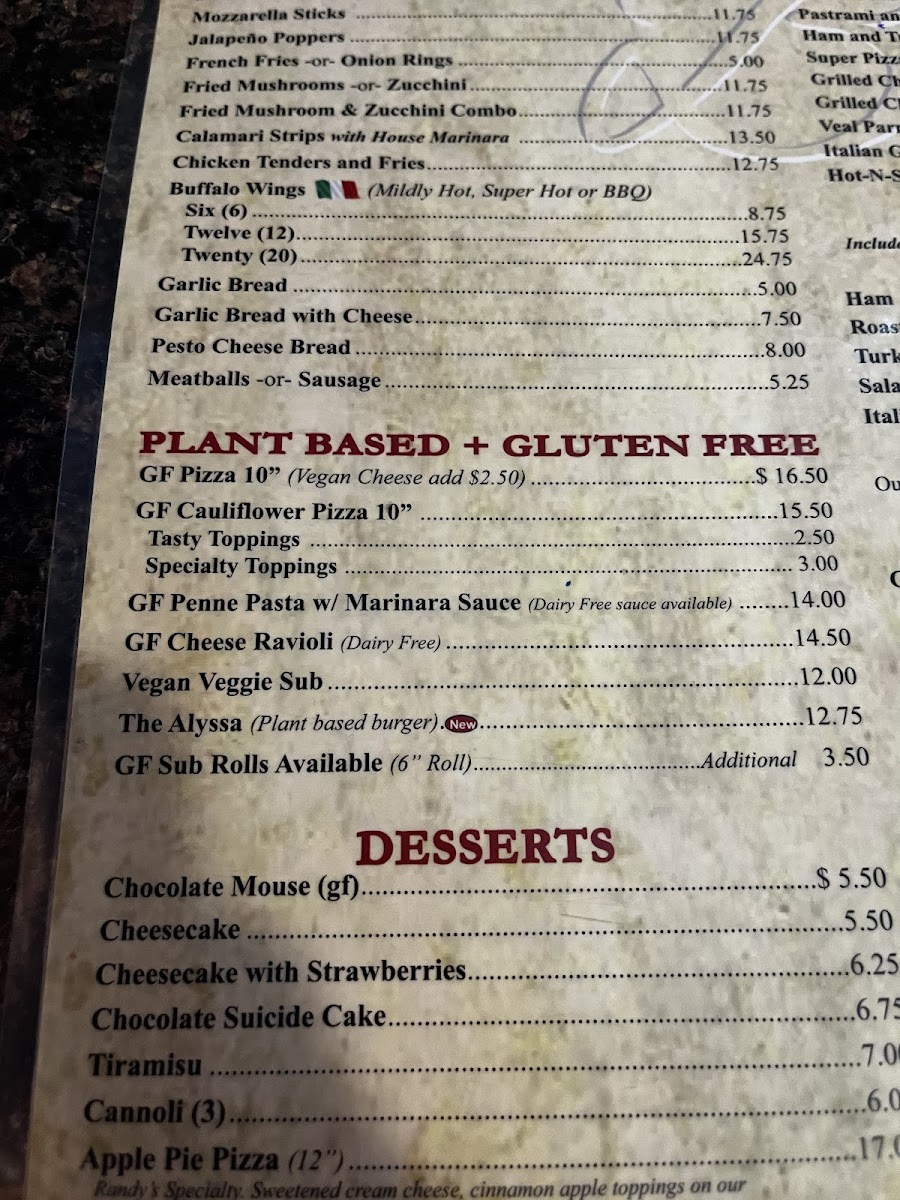 Bianchi's gluten-free menu