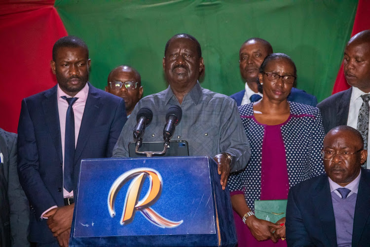 Azimio Leader Raila Odinga addressing the press conference on Floods Emergency Mitigation at Jaramogi Oginga Odinga Foundation in Nairobi on April 24, 2024