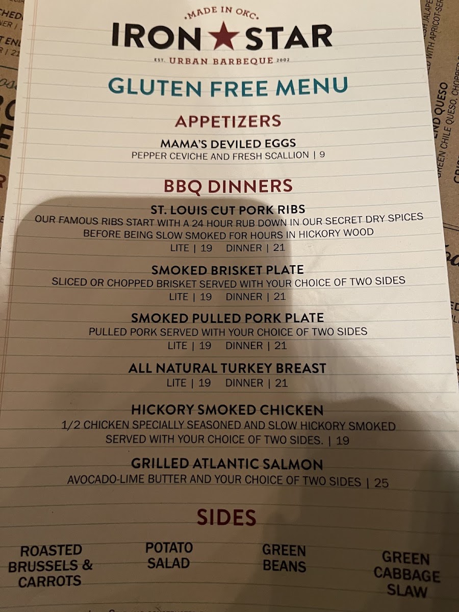 Iron Starr gluten-free menu