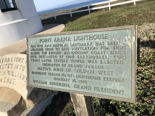 POINT ARENA LIGHTHOUSE THIS SITE AND NATURAL LANDMARK HAS BEEN A WELCOME GUIDE TO SAFE NAVIGATION FOR SHIPS ALONG THE RUGGED MENDOCINO COAST SINCE 1870, DESTROYED BY 1906 EARTHQUAKE, TWO YEARS...