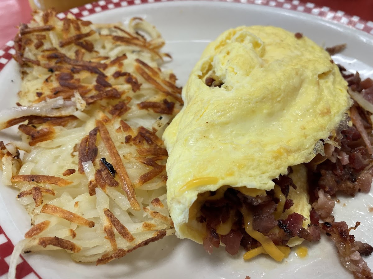 Meat omelet with hashbrowns (kinda soggy hash)