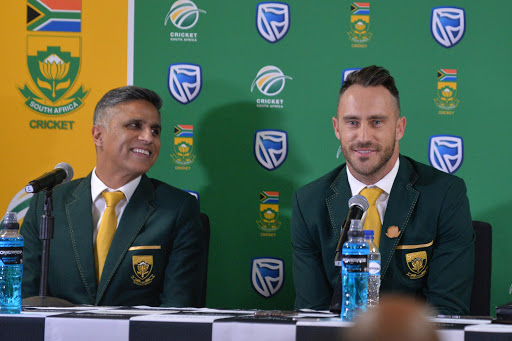 Mohammed Moosajee and Faf du Plessis during the South African national cricket team departure press conference at OR Tambo International Airport, ACSA Media Centre on May 16, 2017 in Johannesburg, South Africa.
