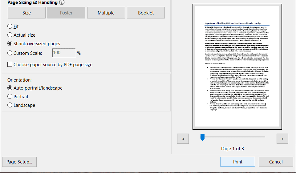 [印刷]ボタンをクリックして、PDFファイルを画像として印刷できるかどうかを確認します