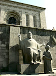 Statue of Mesrop Mashtots (inventor of the Armenian alphabet), with student, outside the Matenadaran (Armenian National Archive), Yerevan, Armenia.