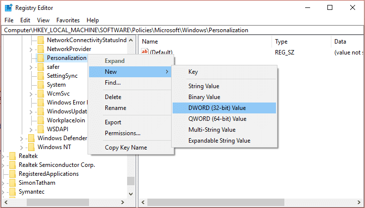 Klik nu met de rechtermuisknop op Personalisatie en selecteer Nieuw en klik vervolgens op DWORD (32-bit) waarde