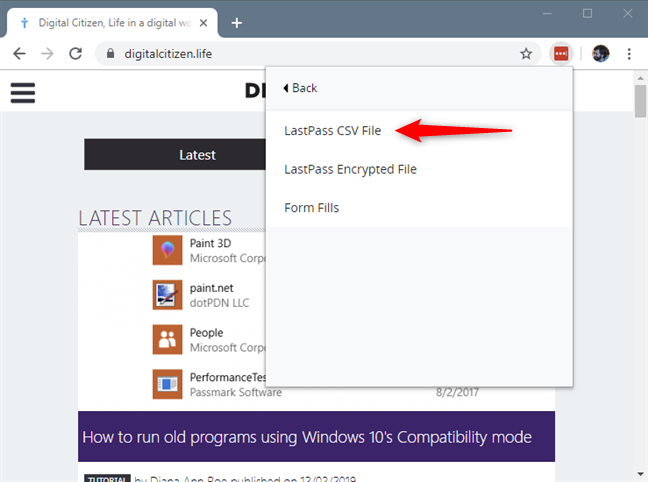 Wybierając eksport haseł jako plik CSV LastPass