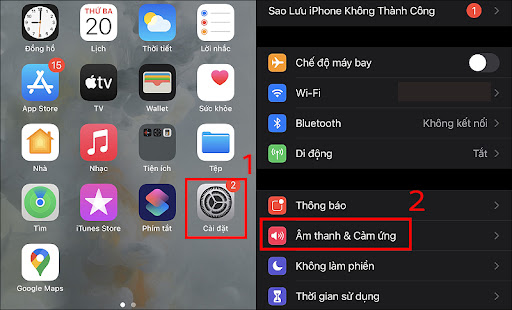 Chọn Âm thanh & Cảm ứng tại Cài đặt