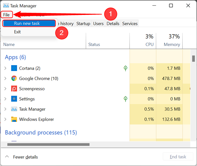 Esegui una nuova attività in Task Manager