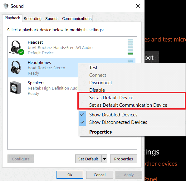 คลิกขวาที่อุปกรณ์ส่งออกของคุณก่อนเลือก Set as Default Device จากนั้นเลือก Set as Default Communication Device