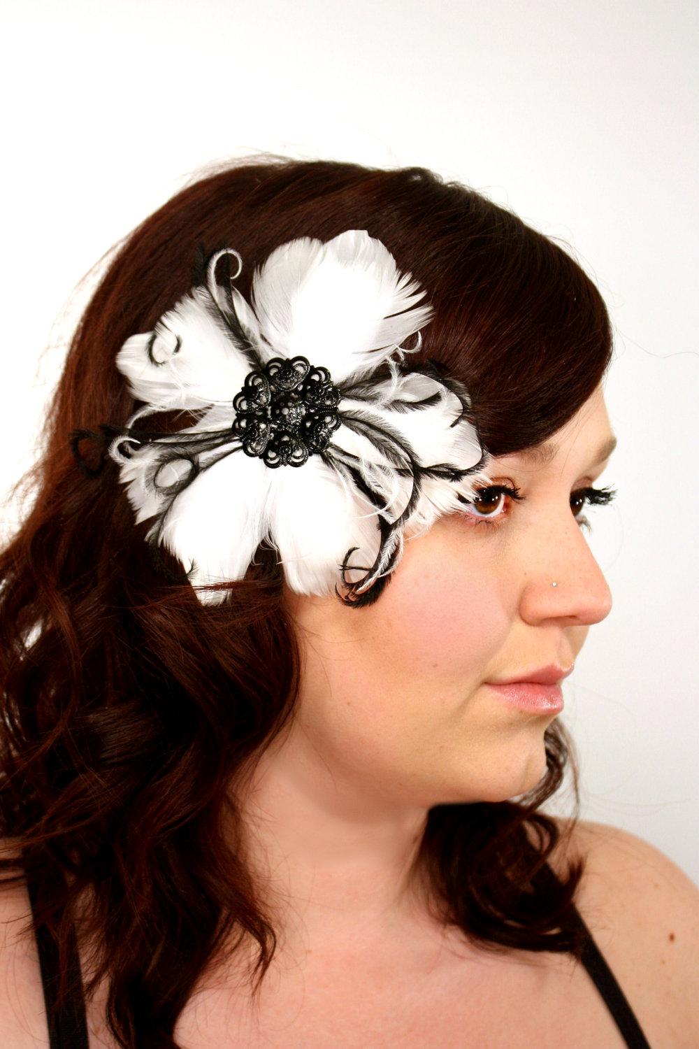 Black and White, Bridal Hair Piece, Feather Flower Clip, Black, White,