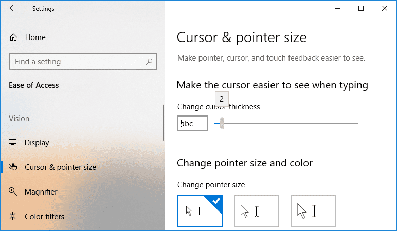 Sous Épaisseur du curseur, faites glisser le curseur vers la gauche pour réduire l'épaisseur du curseur