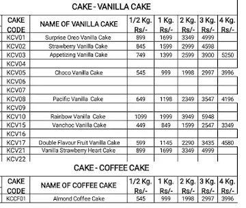 Kwality Cake menu 
