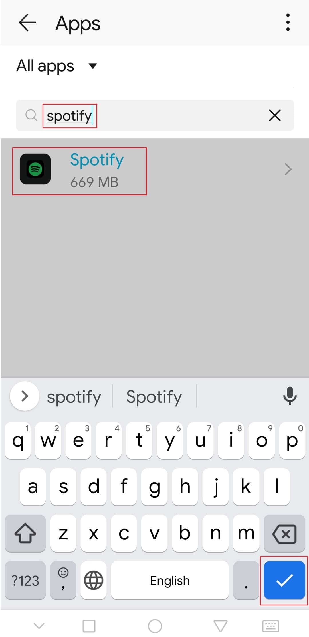 Spotifyを検索してタップし、AndroidのSpotifyアプリ設定に移動します