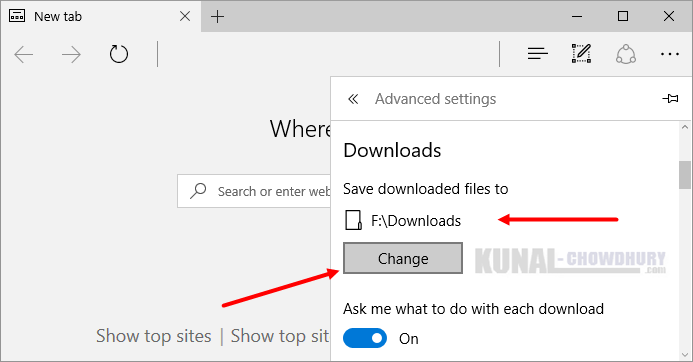 3. Change the default downloads folder of Microsoft Edge on Windows 10 (www.kunal-chowdhury.com)