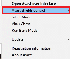 เลือกตัวเลือกการควบคุม Avast Shields  แก้ไข Discord ทำงานช้า