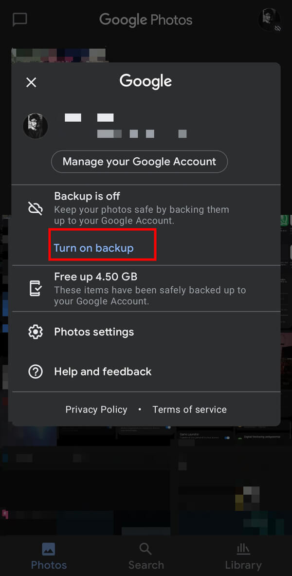 Ora tocca l'opzione Attiva backup