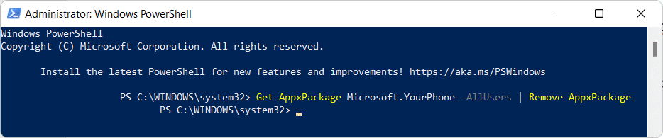 Comando de Windows powershell para desinstalar la aplicación Your Phone.  Cómo deshabilitar la aplicación de tu teléfono en Windows 11
