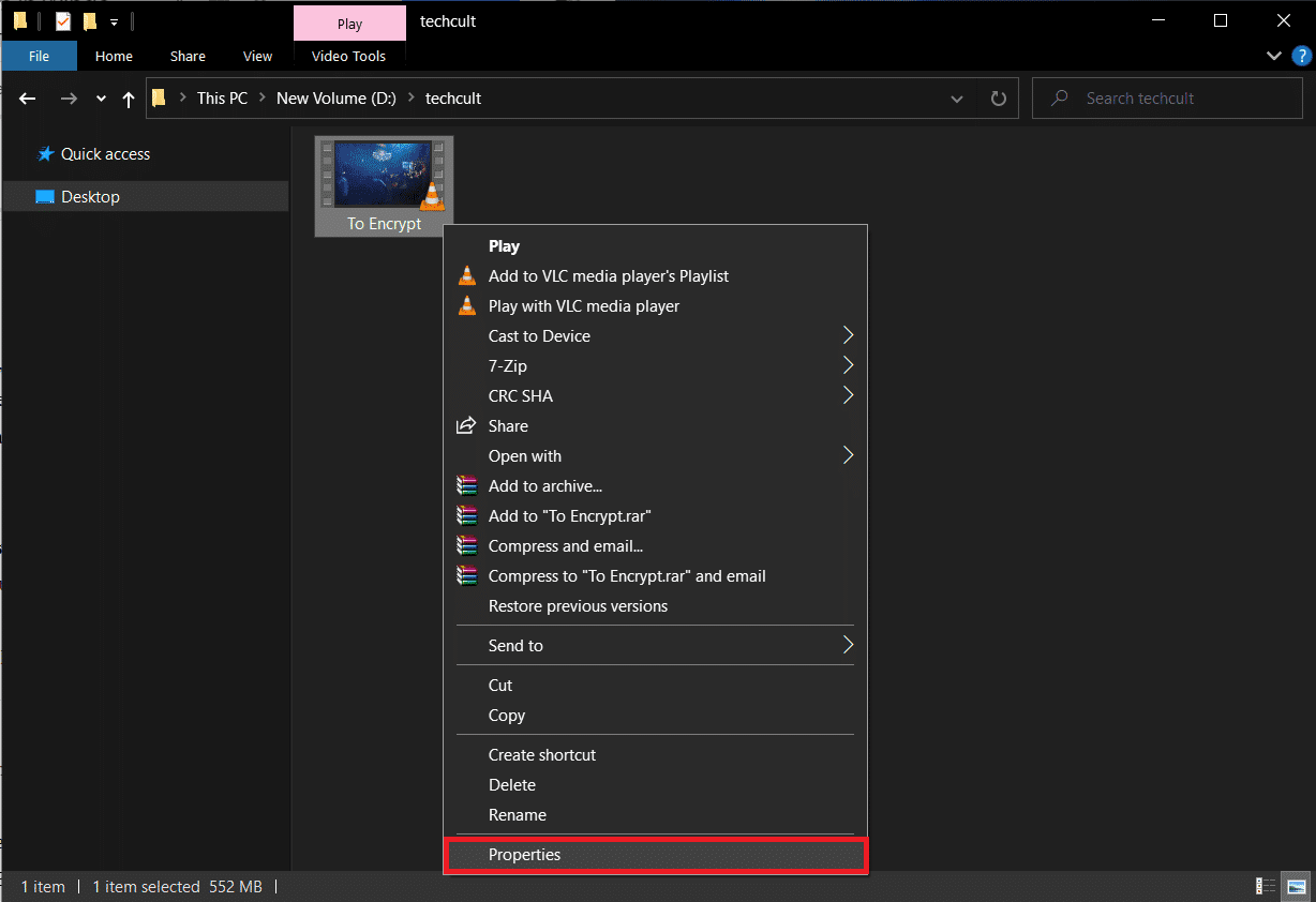 Klik er met de rechtermuisknop op en kies Eigenschappen in het volgende menu.  Een map versleutelen in Windows 10