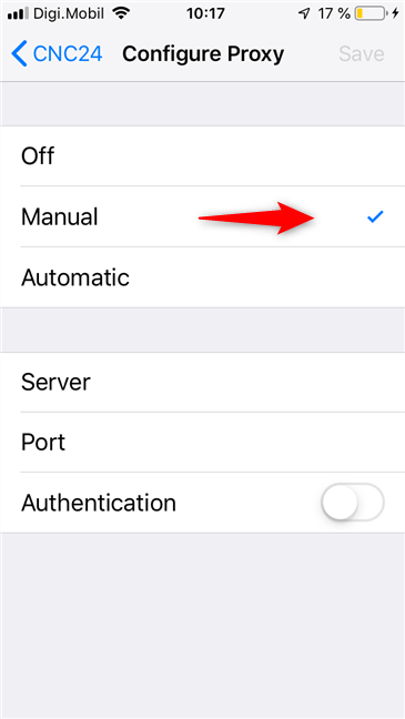 El interruptor para la configuración manual del servidor proxy en iOS