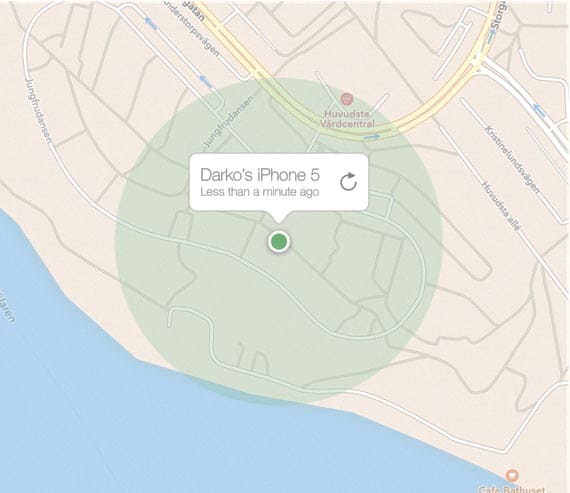 Large green circle shows and estimated area where your iPhone could be