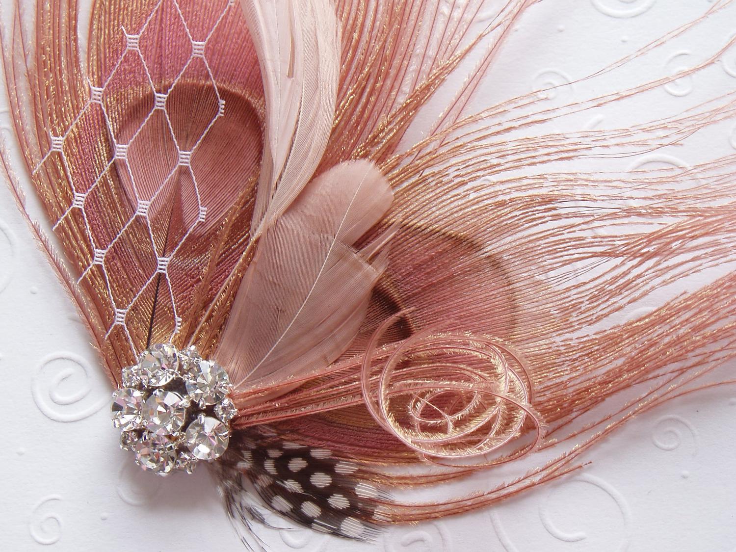 Peacock Feather Hair Clip WEDDING FASCINATOR Antique Pink facinator hair