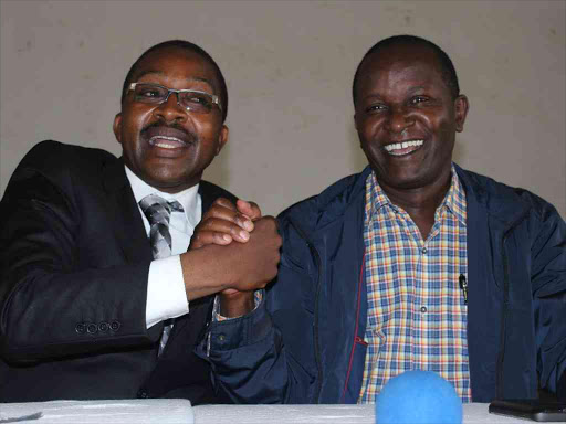 Governor Mwangi wa Iria and Kigumo MP Jamleck Kamau during the Jubilee party interim officials' elections at Murang'a Teachers' College, December 14, 2016. /FILE