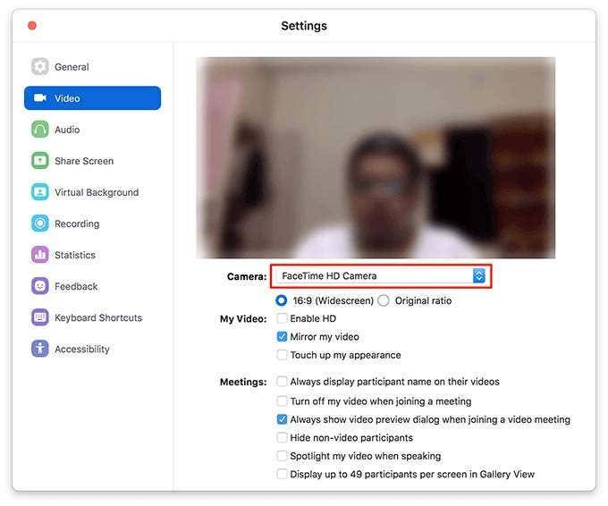 Cámara FaceTime HD seleccionada en Configuración de video