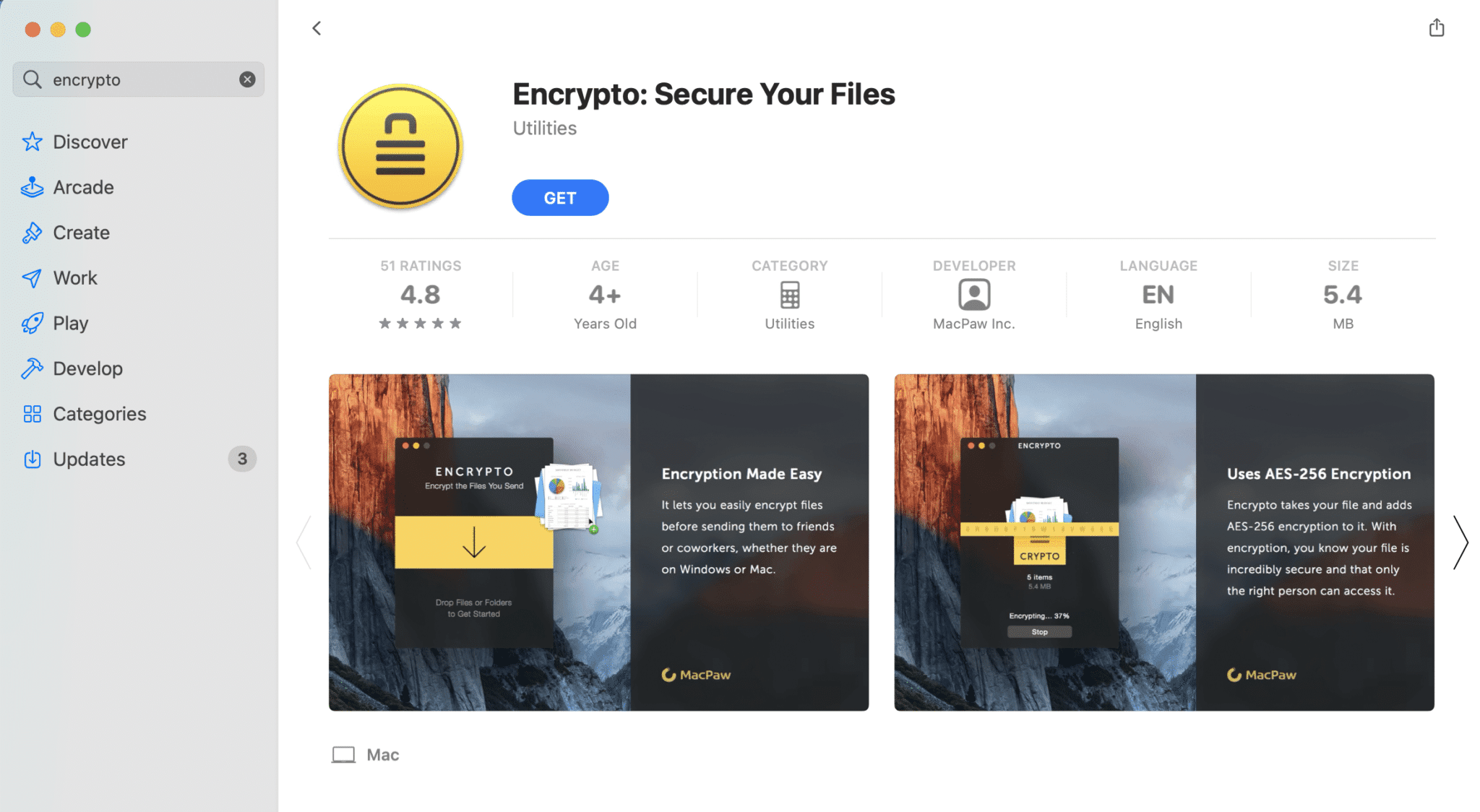 Installazione dell'applicazione Encrypto dall'App Store.