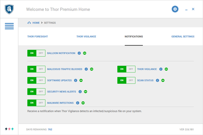 Настройки уведомлений для Heimdal Thor Premium Home