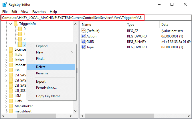 TriggerInfoの3サブキーを右クリックし、[削除]を選択します