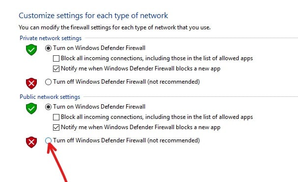 Aby wyłączyć Zaporę systemu Windows Defender dla ustawień sieci publicznej