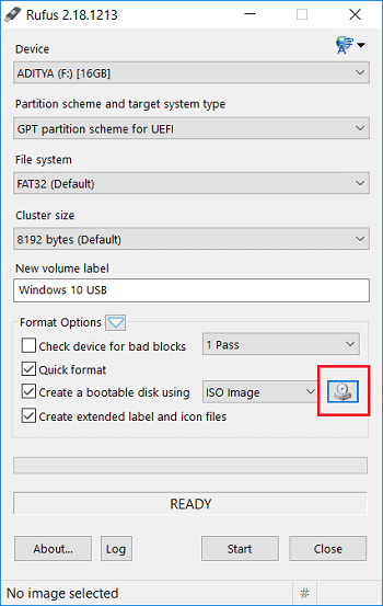 Maintenant, sous Créer un disque amorçable à l'aide d'une image ISO, cliquez sur l'icône du lecteur à côté