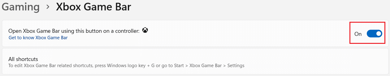 ปิดสวิตช์สำหรับ Open Xbox Game Bar โดยใช้ปุ่มนี้บนตัวเลือกคอนโทรลเลอร์ Windows 11